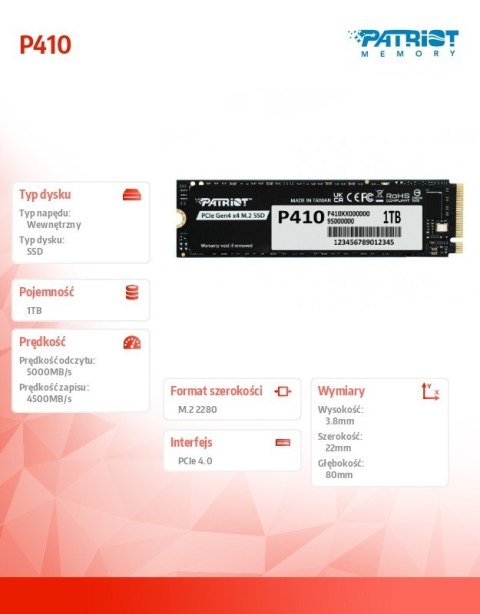 Dysk SSD 1TB P410 PCIe M.2 Gen4 x4 NVMe 1.4 2280 5000/4500MB/s
