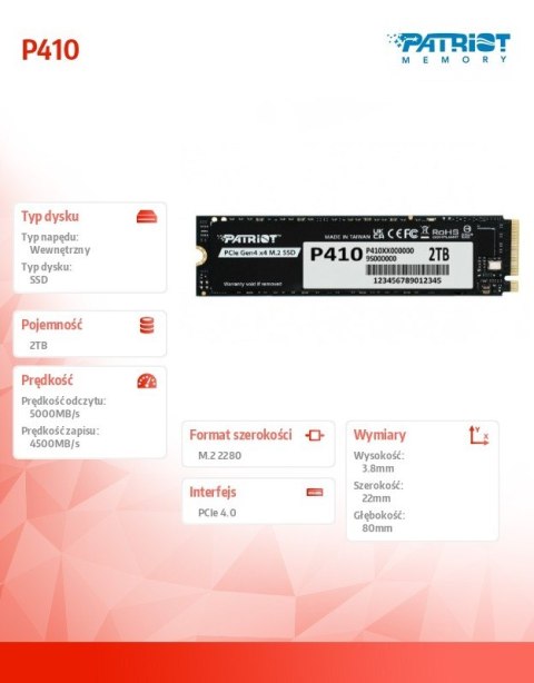 Dysk SSD 2TB P410 PCIe M.2 Gen4 x4 NVMe 1.4 2280 5000/4500MB/s
