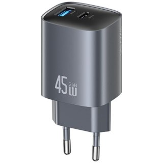 Ładowarka sieciowa T66 45W CC290 GaN Fast charge 1xUSB-A 1xUSB-C srebrny