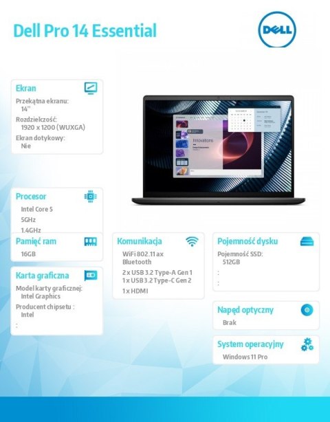 Laptop Dell Pro 14 Essential PV14250 W11P C5-120U|16GB|512GB|Intel Graph|FgrPr|WLAN+BT|14.0 FHD+|BcklKb|4C|65W|3YPS Carbon Black