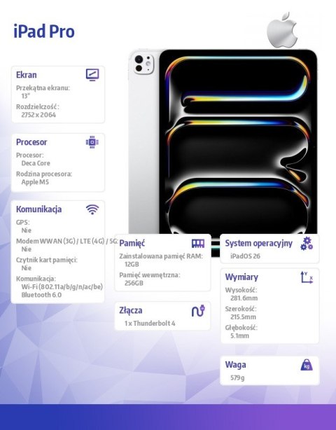 IPad Pro 13 cali Wi-Fi 256 GB ze standardowym szkłem - Srebrny