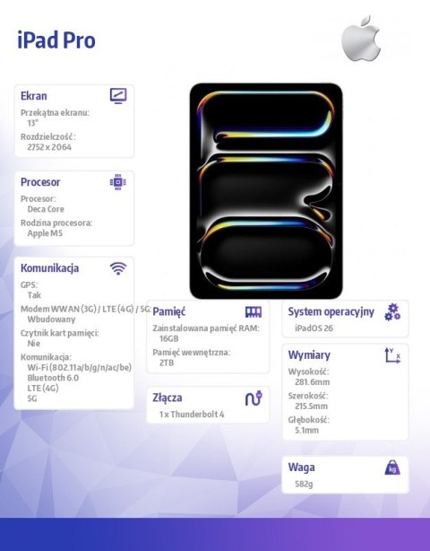 IPad Pro 13-calowy Wi-Fi + Cellular 2 TB ze szkłem o nanoteksturze - Srebrny