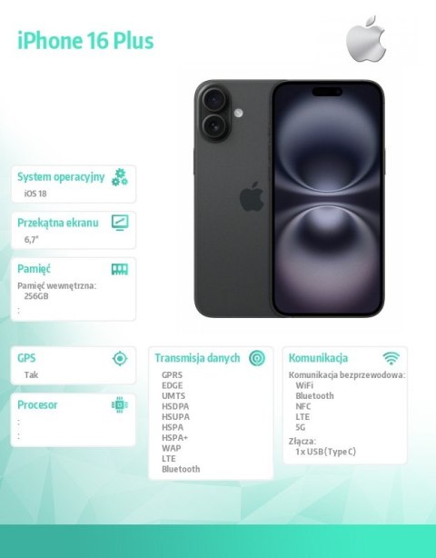 IPhone 16 Plus 256GB - Czarny