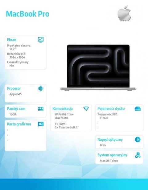 MacBook 14.2 cala: M5 10C/10C, 16GB, 512GB SSD - Srebrny