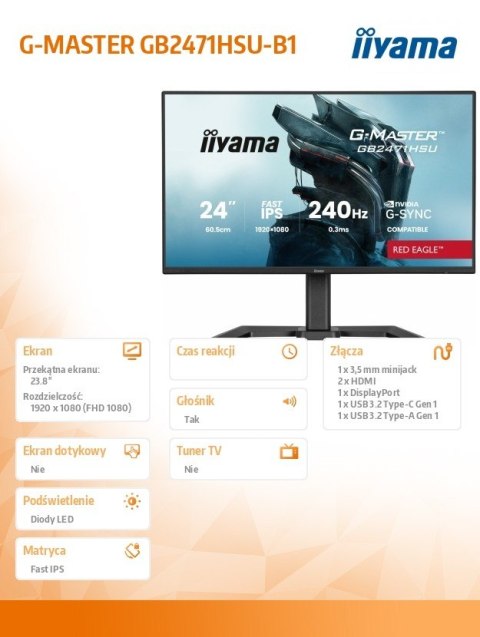 Monitor 23,8 cala GB2471HSU-B1 IPS,FHD,240Hz,2xHDMI,DP,1xUSB 3.2, 1xUSB C, Adaptive G-SYNC - 1920 x 1080 @48-240Hz DisplayP