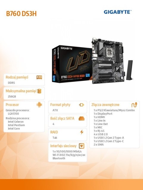 Płyta główna B760 DS3H WF6E GEN5 s17 00 4DDR5 HDMI/DP ATX