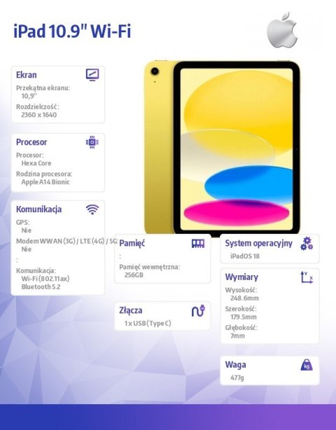 IPad 10.9 cala Wi-Fi 256GB Żółty