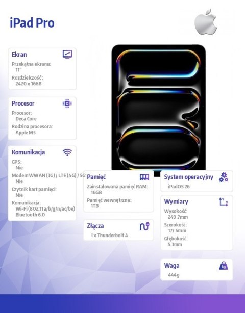 IPad Pro 11-calowy Wi-Fi 1 TB ze standardowym szkłem - Gwiezdna czerń