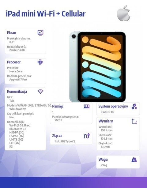 IPad mini Wi-Fi + Cellular 512GB Niebieski