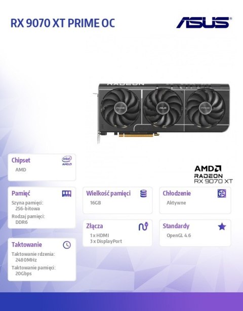 Karta graficzna RX 9070 XT PRIME OC 16 GB GDDR6 256bit DP/HDMI