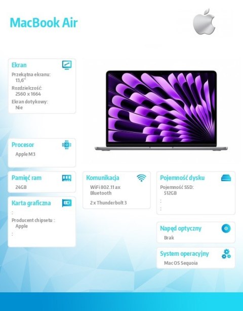 MacBook Air 13.6: M3 8/10, 24GB, 512GB - Gwiezdna szarość MC8M4ZE/A