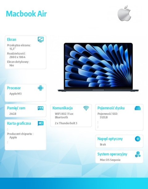 MacBook Air 15.3: M3 8/10, 24GB, 512GB - Północ MC9L4ZE/A