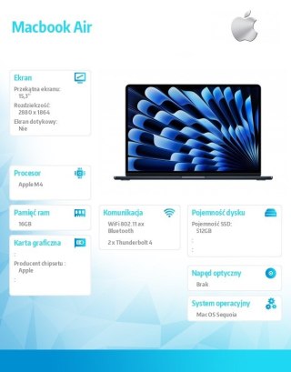 MacBook Air 15.3 cala: M4 10/10, 16GB, 512GB - Północ