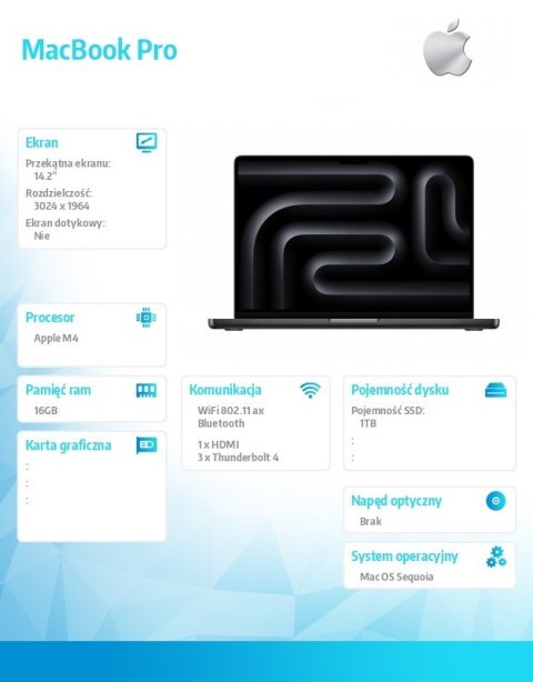 MacBook Pro 14.2 cali: M4 10/10, 16GB, 1TB SSD - Gwiezdna czerń