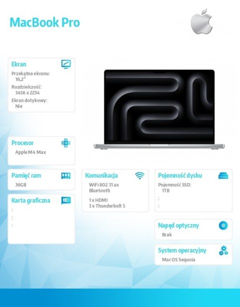 MacBook Pro 16.2 cali: M4 Max 14/32, 36GB, 1TB SSD - Srebrny