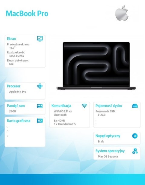 MacBook Pro 16.2 cali: M4 Pro 14/20, 24GB, 512GB SSD - Gwiezdna czerń