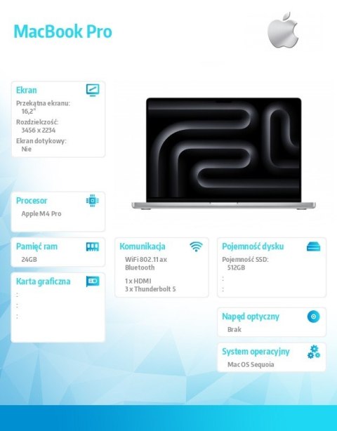 MacBook Pro 16.2 cali: M4 Pro 14/20, 24GB, 512GB SSD - Srebrny