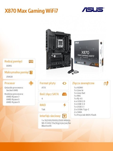 Płyta główna X870 MAX GAMING WIFI7 AM5 4DDR5 HDMI/USB-C