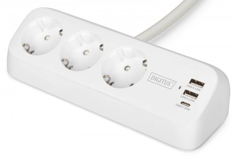 Listwa zasilająca biurkowa, 3 gniazda Schuko, 2x USB-A (2x 12W), 1x USB-C (30W) z zaciskiem na blat, kabel 1,5m, biała