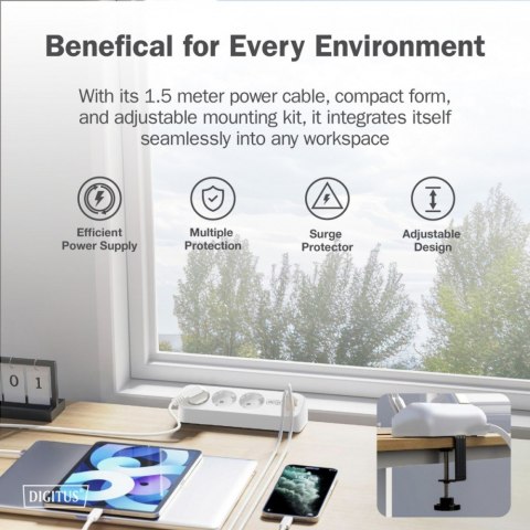 Listwa zasilająca biurkowa, 3 gniazda Schuko, 2x USB-A (2x 12W), 1x USB-C (30W) z zaciskiem na blat, kabel 1,5m, biała