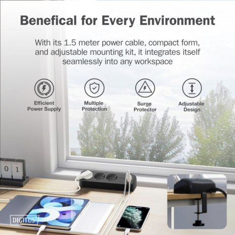 Listwa zasilająca biurkowa, 3 gniazda Schuko, 2x USB-A (2x 12W), 1x USB-C (30W) z zaciskiem na blat, kabel 1,5m, czarna