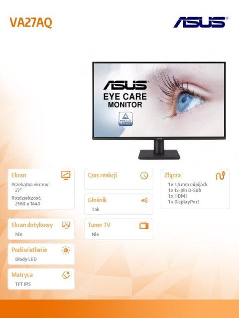 Monitor 27 cali VA27AQ QHD IPS 75Hz HDMI DP VGA