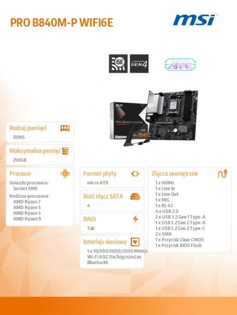 Płyta główna PRO B840M-P WIFI6E AM5 4DDR5 ATX