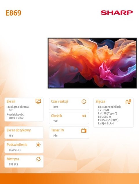 Monitor wielkoformatowy MultiSync E869 86 cali UHD 16/7 350cd/m2
