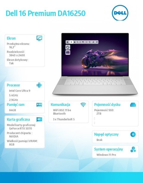 Laptop 16 Premium DA16250 Win11 Pro|U9-285H|64GB|2TB SSD|Nvidia GeForce RTX 5070, 8GB GDDR7|WLAN + BT|16.3 OLED Touch|Backlit Kb