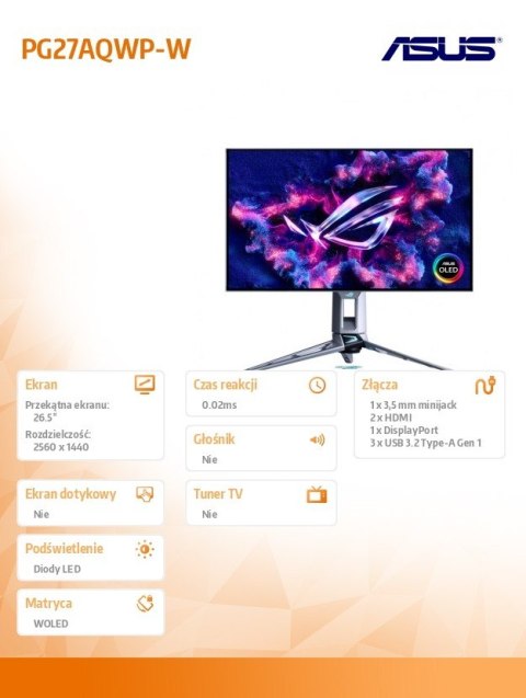 Monitor 26.5 cala PG27AQWP-W OLED 540Hz 0.02 HDMI DP