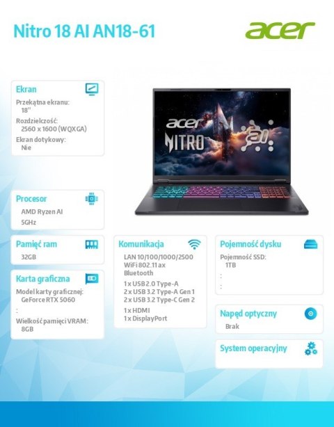 Notebook Nitro 18 AI AN18-61-R3FV ESHELL/Ryzen 9 AI 365/32GB/1TB/RTX5060/18 cali