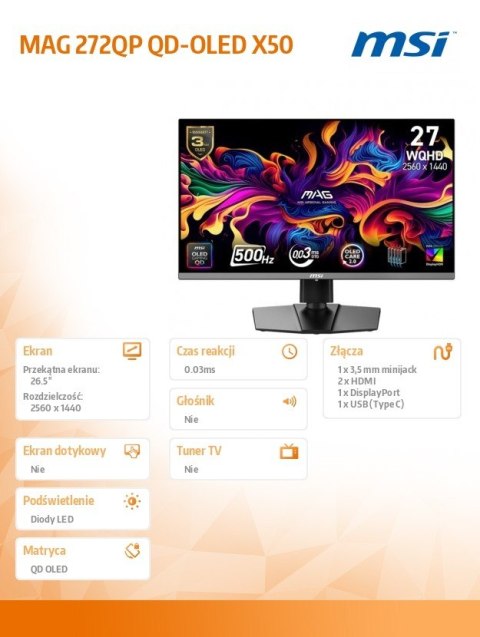 Monitor MAG 272QP QD-OLED X50/26.5 cala/QD-OLED/WQHD/Flat/500Hz/Black