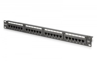 Panel krosowy (patch panel) 19'' 24x RJ45, LSA pion, kat.6, nieekranowany, 1U, prowadnica kabli, pola opisowe, Czarny