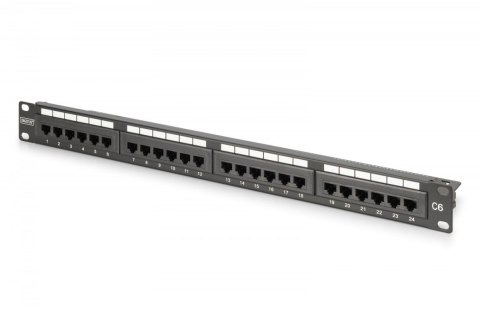 Panel krosowy (patch panel) 19'' 24x RJ45, LSA pion, kat.6, nieekranowany, 1U, prowadnica kabli, pola opisowe, Czarny
