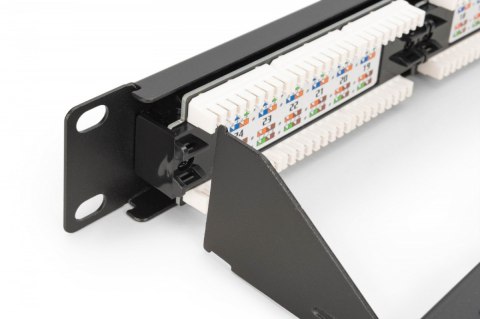 Panel krosowy (patch panel) 19'' 24x RJ45, LSA pion, kat.6, nieekranowany, 1U, prowadnica kabli, pola opisowe, Czarny