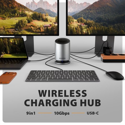 HMC-WL9 Wieloportowy hub USB 9in1, 10Gbps, 3xUSB-A, 1xUSB-C, DP 8K/60Hz, HDMI 4K/60Hz, PD 100W, GLAN, 100cm USB-C kabel, wireles