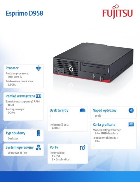 Komputer poleasingowy Esprimo D958 SFF Core i5 9400 (9-gen.) 2,9 GHz / 16 GB / 480 SSD / Win 11 Pro