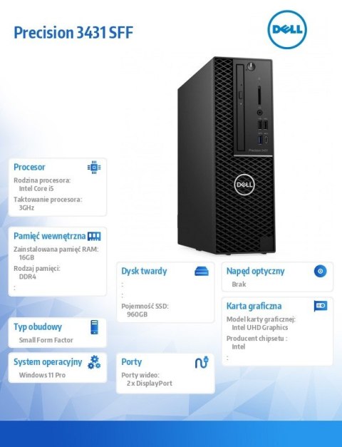Komputer poleasingowy Precision 3431 SFF i5-9500 (9-gen.) 3.0GHz 16GB / 960GB SSD NVME (nowy dysk) / Win 11 Pro / 2-LATA GWARANC