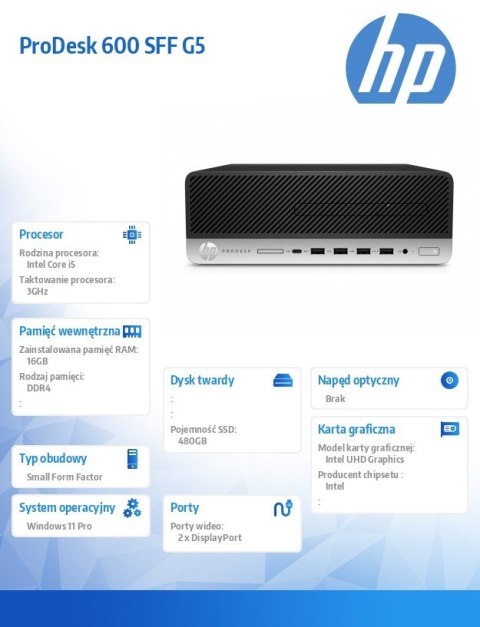 Komputer poleasingowy ProDesk 600 G5 SFF Core i5 9500 (9-gen.) 3,0 GHz / 16 GB / 480 SSD / Win 11 Prof.