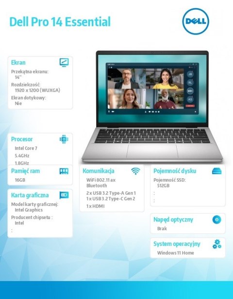 Laptop Dell Pro 14 Essential PV14250 W11Home C7-150U|16GB|512GB|Intel Graph|FgrPr|WLAN+BT|14.0 FHD+|BcklKb|4C|65W|3YPS Plat Silv