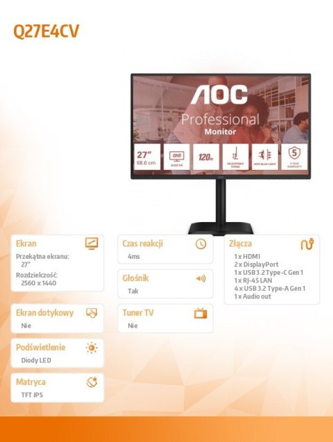 Monitor 27 cali Q27E4CV IPS 120Hz HDMI DP USB-C RJ45