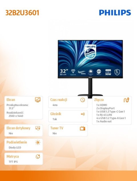 Monitor 31.5 cala 32B2U3601 IPS 100Hz HDMI DP RJ45 USB-C Pivot