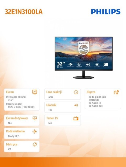 Monitor 31.5 cala 32E1N3100LA VA 75Hz HDMIx2 VGA