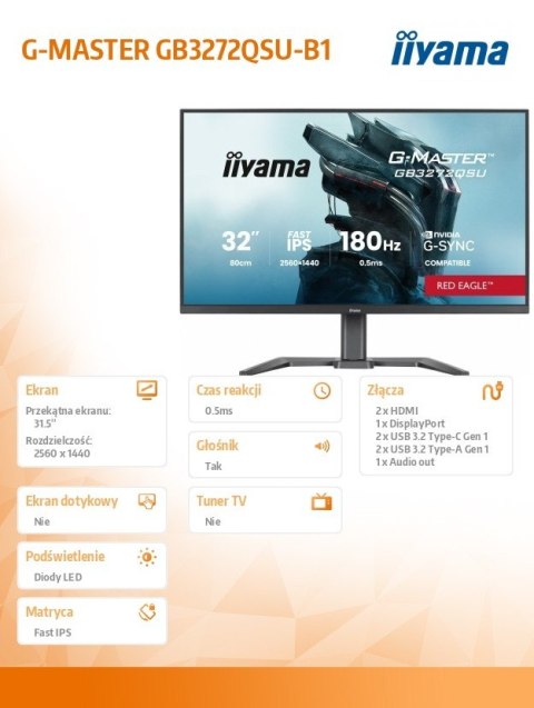 Monitor 31.5 cala GB3272QSU-B1 QHD,IPS,180Hz,2xHDMI,DP,400CD, 2xUSB 3.2 , 2xUSB-C,G-SYNC Compatible, 2x5W, , HAS 150
