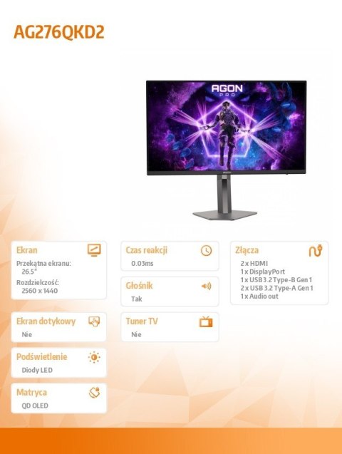 Monitor AG276QKD2 26.5 cala QD-OLED 500Hz HDMIx2 DP Pivot Głośniki