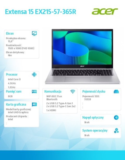 Notebook Extensa 15 EX215-57-365R i3-1315U 15.6 FHD, 8GB DDR5,512GB SSD, NoOS, srebrny