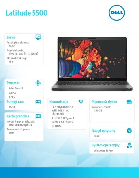 Notebook poleasingowy 5500 Core i5 8265U (8-gen.) 1,6 GHz / 16GB / 480 SSD(nowy) /15.6 Full HD/Win11 Prof./ 2-LATA GWARANC