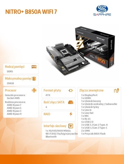 Płyta główna NITRO+ B850A WIFI7 AM5 4DDR5 mATX