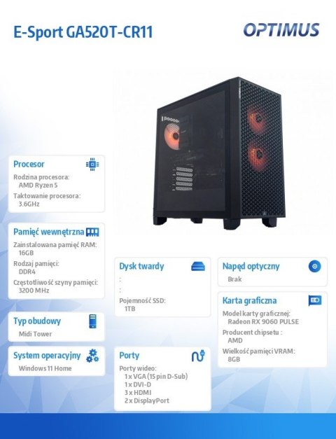 Komputer E-Sport GA520T-CR11 Ryzen 5 4500/16GB/1TB/RX 9060 OC 8GB/W11H