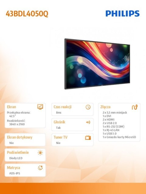 Monitor wielkoformatowy 43 cale 43BDL4050Q Public Display